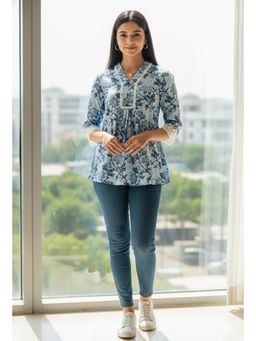 Rajnandini - Womens Sky Blue Pure Cotton Jaipuri Printed Tunic