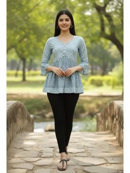 Rajnandini - Womens Sky Blue Pure Cotton Hand Painted Tunic