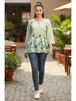 Rajnandini - Womens White and Teal Pure Cotton Jaipuri Printed Tunic