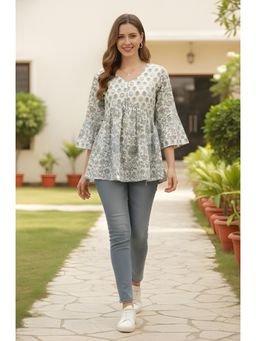Rajnandini - Womens White and Grey Pure Cotton Jaipuri Printed Tunic