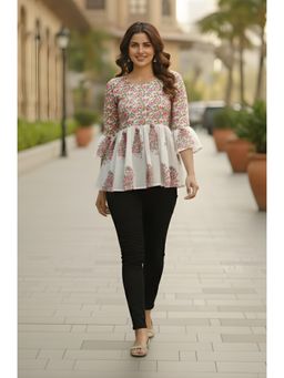 Rajnandini - Womens White and Pink Pure Cotton Jaipuri Printed Tunic