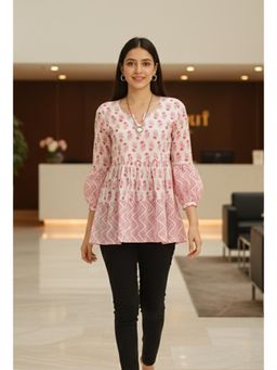 Rajnandini - Womens White and Pink Pure Cotton Jaipuri Printed Tunic