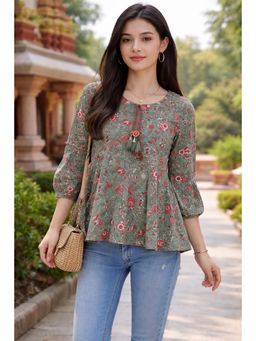 Rajnandini - Womens Sea Green Pure Cotton Jaipuri Printed Tunic