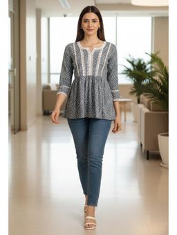 Rajnandini - Womens Grey and White Pure Cotton Bandhani Printed Tunic