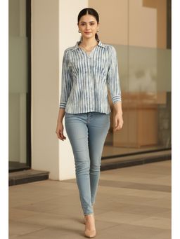 Rajnandini - Womens White and Blue Pure Cotton Tie-Die Printed Shirt