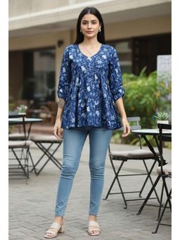 Rajnandini - Womens Blue Pure Cotton Jaipuri Printed Tunic