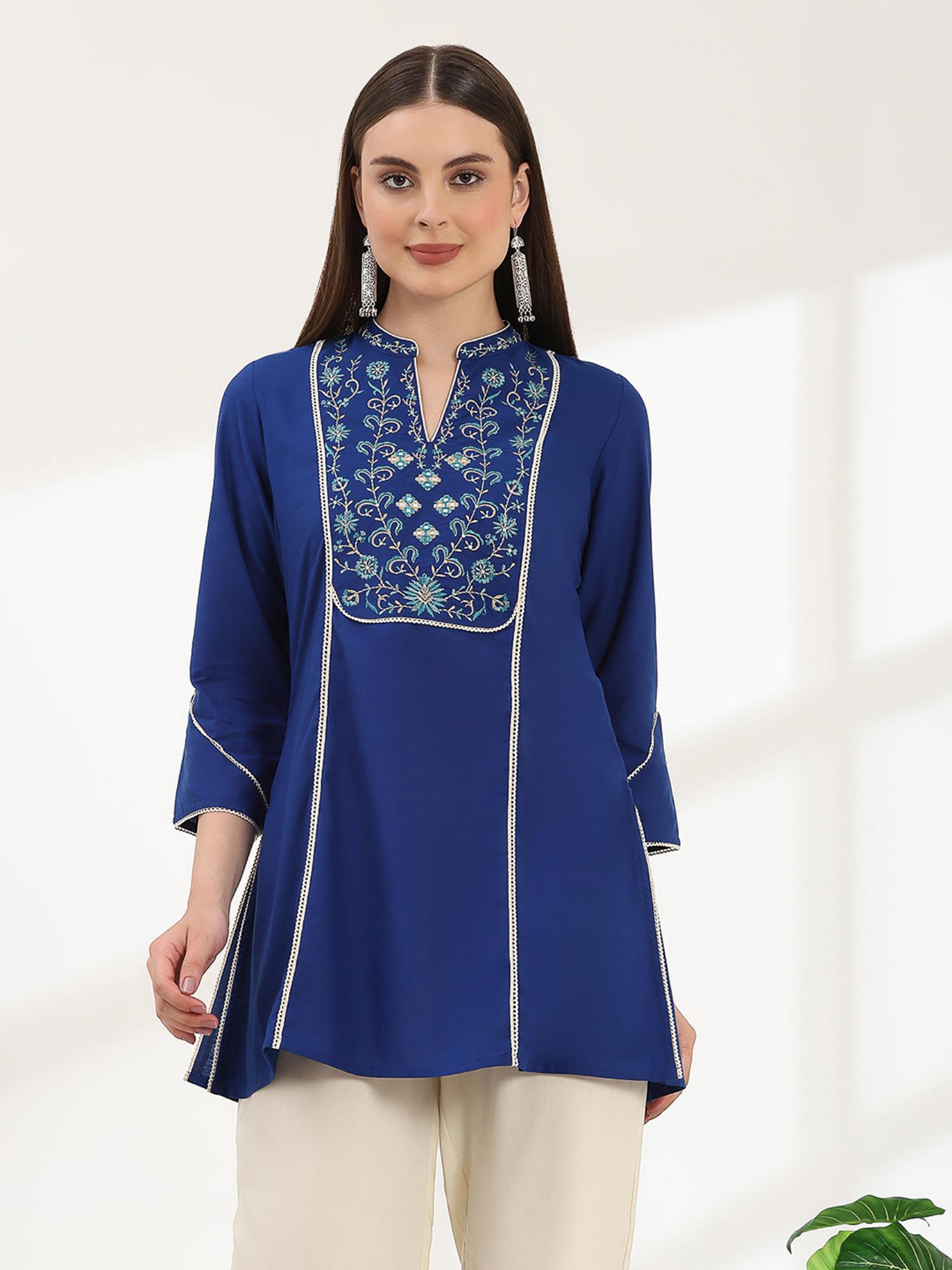 Solid Cotton Blend Straight Tunic with Mandarin Collar-image-10