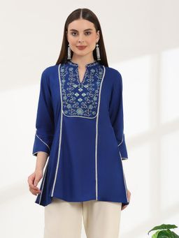 Nayam by lakshita - Solid Cotton Blend Straight Tunic with Mandarin Collar