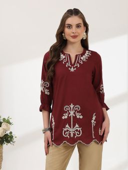 Nayam by lakshita - Straight Cotton Tunic with Embroidered Neck and Lace-Trim Sleeves