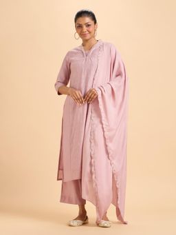 VISMAY - Onion Mauve Plain Chander Flared Kurta Pant with Dupatta and Embroidery