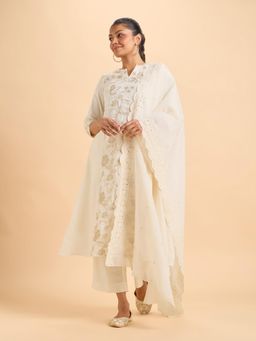 VISMAY - Ivory Gold Pure Cotton Plain Flared Princess Cut Kurta Pant with Dupatta