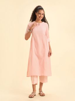VISMAY - Pink White Cotton Dobby Plain Flared Kurta and Pant with Embroidery