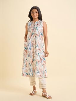 VISMAY - White Viscose Print Flared Sleeve Less Kurta