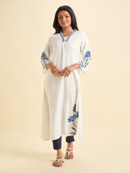VISMAY - White Blue Viscose Linen Plain Flared Kurta with Placement Print and Embroidery