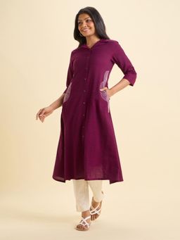 VISMAY - Purple Cotton Viscose Slub Flared Kurta with Curved Hem and Embroidery