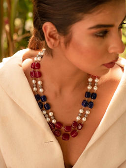 Kastiya Jewels - Beaded Multi-Color Layered Quartz Semi Precious Gemstone and Pearl Necklace