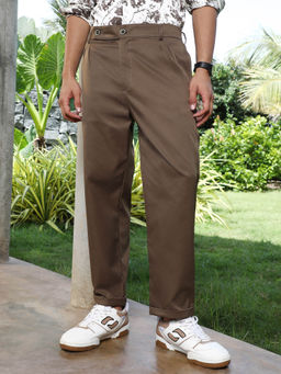 Campus Sutra - Mens Coffee Brown Extended-Waistband Straight Casual Trouser
