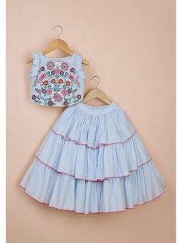 Poochkie - Girls Blue Chanderi Embroidered Blouse with Lehenga