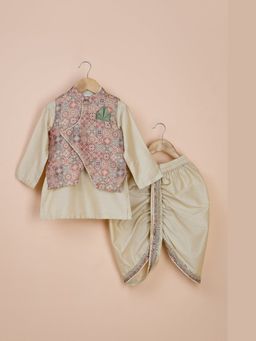 Poochkie - Boys Beige Chanderi Silk Geometric Kurta with Jacket and Dhoti