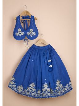 Poochkie - Girls Blue Viscose Embroidered Blouse with Lehenga