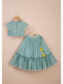 Poochkie - Girls Blue Viscose Embroidered Blouse with Lehenga