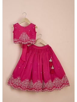 Poochkie - Girls Pink Viscose Embroidered Blouse with Lehenga