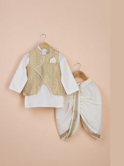 Poochkie - Boys Off White Viscose Embroidered Kurta with Jacket and Dhoti