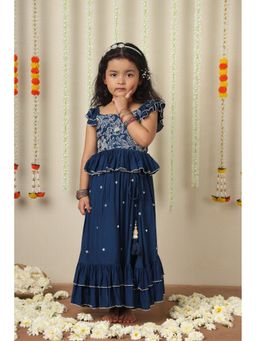 Poochkie - Girls Blue Viscose Embroidered Top with Lehenga