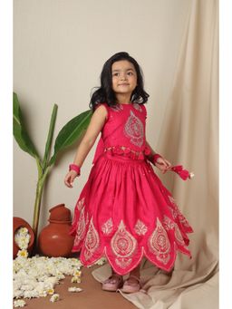 Poochkie - Girls Pink Viscose Embroidered Blouse with Lehenga