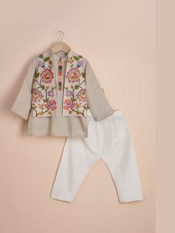 Poochkie - Boys Beige Viscose Embroidered Kurta with Jacket and Pyjama
