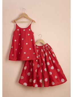Poochkie - Girls Red Viscose Embroidered Kurti with Palazzo
