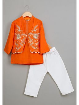 Poochkie - Boys Orange Viscose Embroidered Kurta with Pyjama