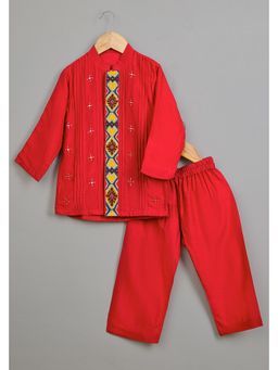 Poochkie - Boys Red Viscose Embroidered Kurta with Pyjama