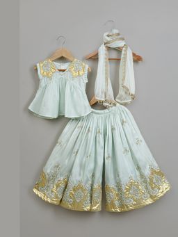 Poochkie - Girls Blue Cotton Embroidered Top with Palazzo and Dupatta