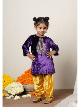 Poochkie - Girls Purple Velvet Embroidered Kurti with Pyjama