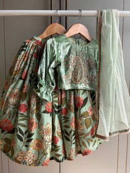 Poochkie - Girls Green Cotton Blend Embroidered Top with Skirt and Dupatta
