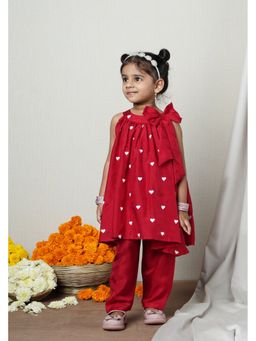 Poochkie - Girls Red Silk Abstract Co-Ord Set