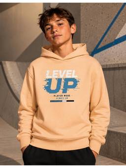 Nusyl - Boy Beige Level Up Text Printed Hoodie