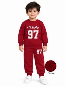 Trampoline - Boys Maroon Fleece Bold Champ 97 Printed Sweatshirt With Joggers