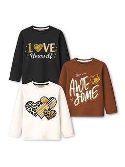 Trampoline - Girls Awesome And Heart Printed T-Shirt (Pack Of 3)