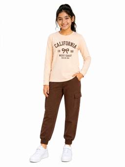 Trampoline - Girls California Text Printed T-Shirt And Joggers- Cream And Brown
