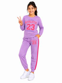 Trampoline - Girls Athletic 25 Text Printed T-Shirt And Joggers- Purple