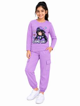 Trampoline - Girls Game On Printed T-Shirt And Cargo Jogger - Purple