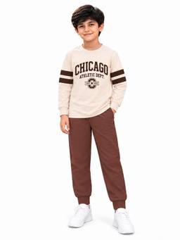 Trampoline - Boys Chicago Athletic Text Printed T-Shirt And Joggers - Brown