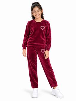 Trampoline - Girls Maroon Velvet Sweatshirt Trouser Set