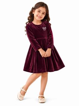 Trampoline - Girls Maroon Velvet Round Neck Flared Dress