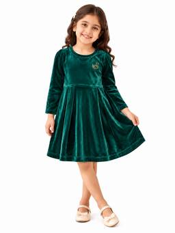 Trampoline - Girls Green Velvet Round Neck Flared Dress