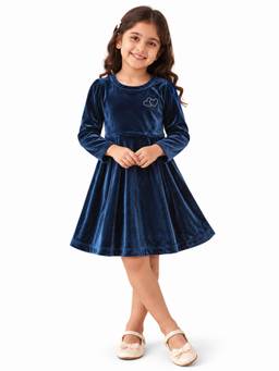 Trampoline - Girls Navy Blue Velvet Round Neck Flared Dress