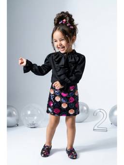 TINY GIRL - Three Fourth Sleeves Corsage Detail Top And Floral Printed Skirt- Black