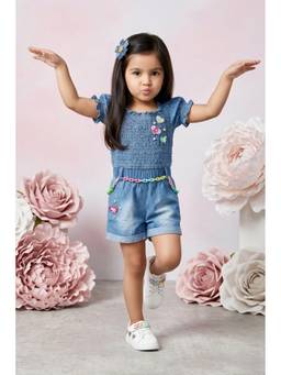 TINY GIRL - Puff Sleeves Solid Jumpsuit- Blue